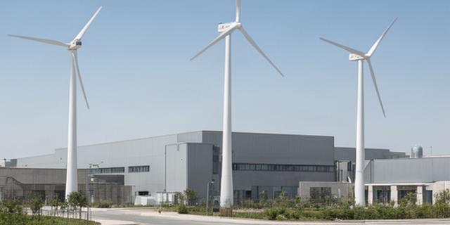 Tres aerogeneradores junto a una planta de fabricación industrial en Barcelona