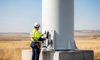 Técnico revisando la base de un aerogenerador en un campo de Albacete