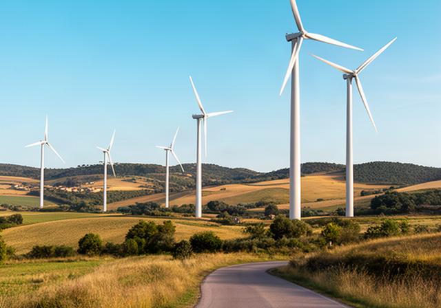 Aerogeneradores blancos junto a un camino rural en Cataluña bajo un cielo despejado